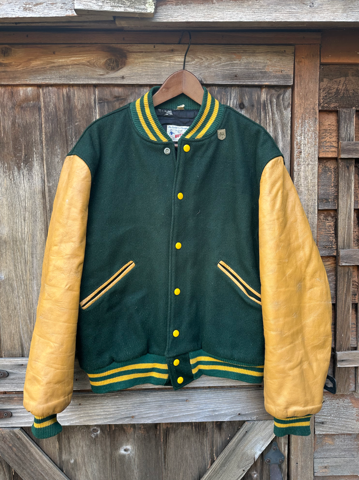 Evergreen/Gold Leather Sleeve Letterman Jacket | Men's M