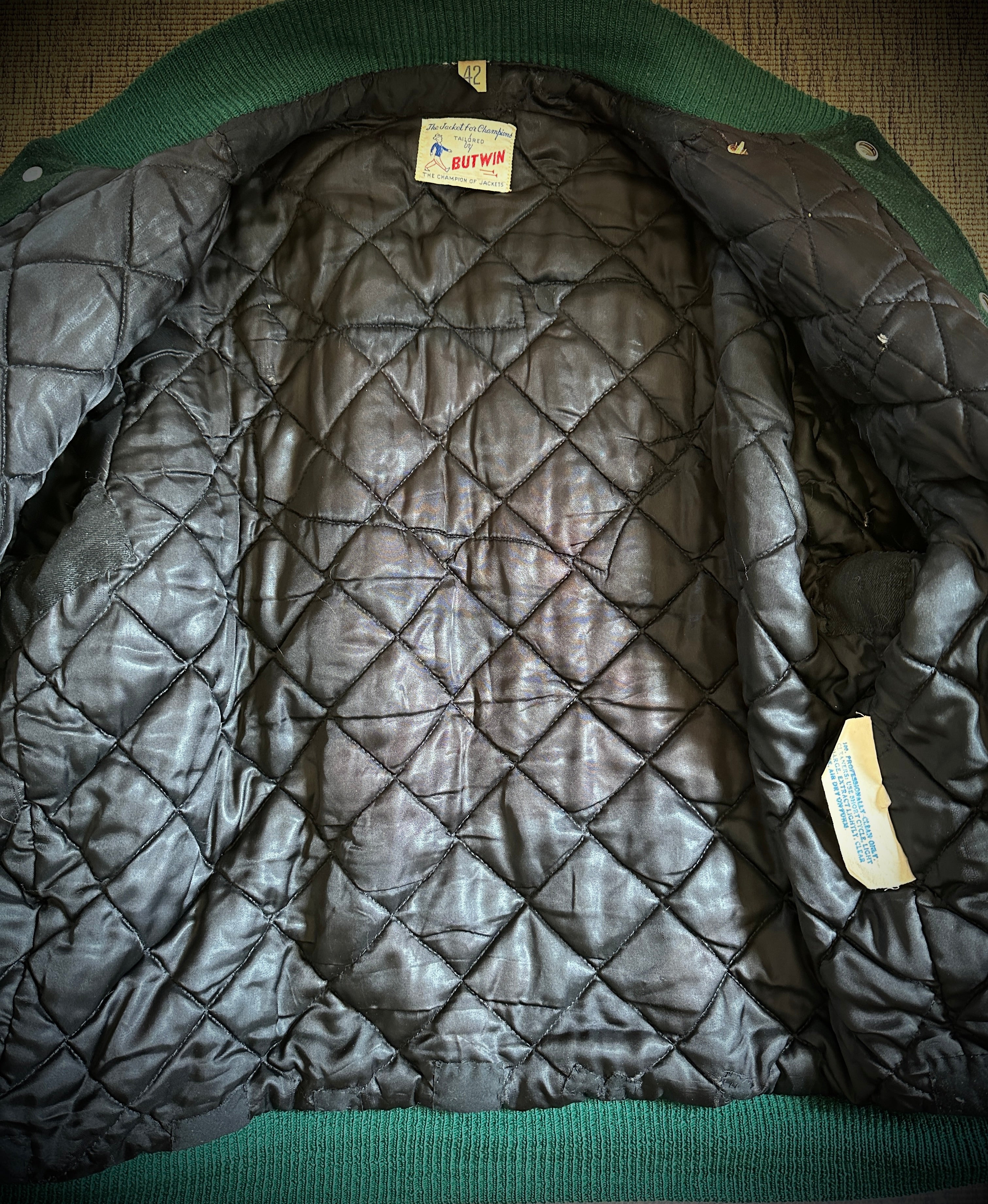 Evergreen/Gold Leather Sleeve Letterman Jacket | Men's M