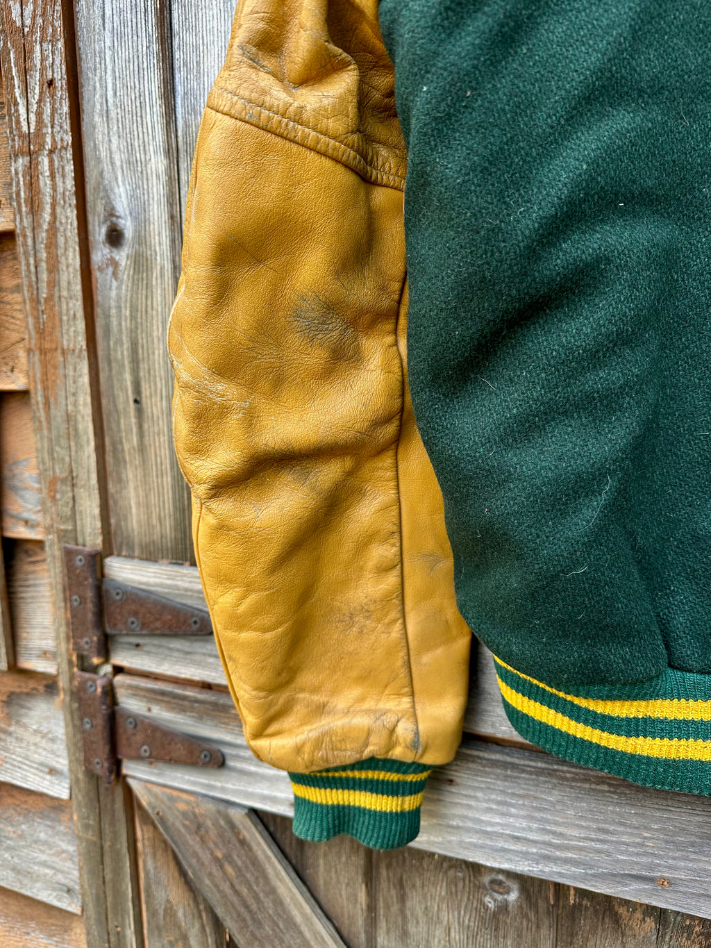 Evergreen/Gold Leather Sleeve Letterman Jacket | Men's M