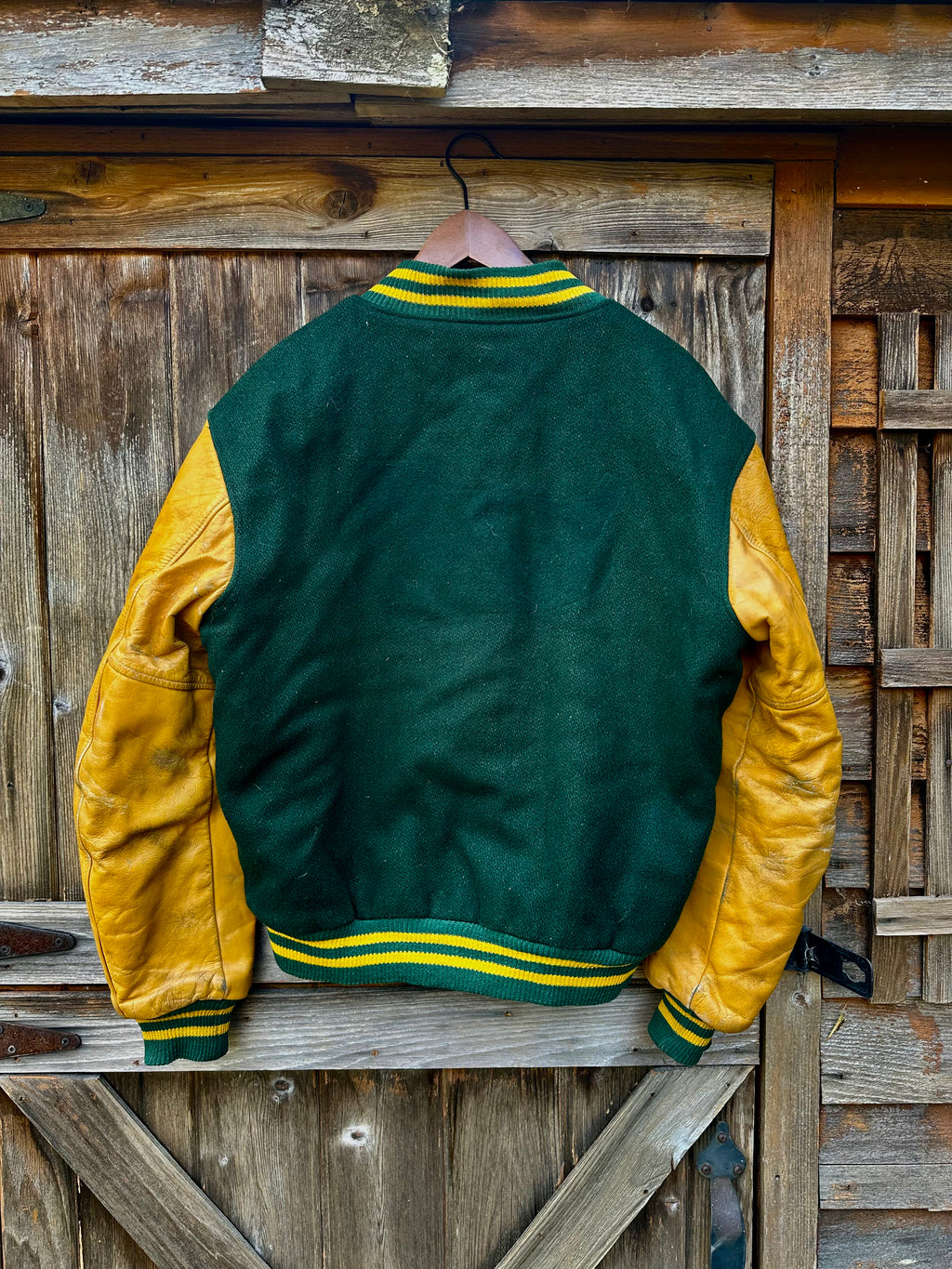 Evergreen/Gold Leather Sleeve Letterman Jacket | Men's M