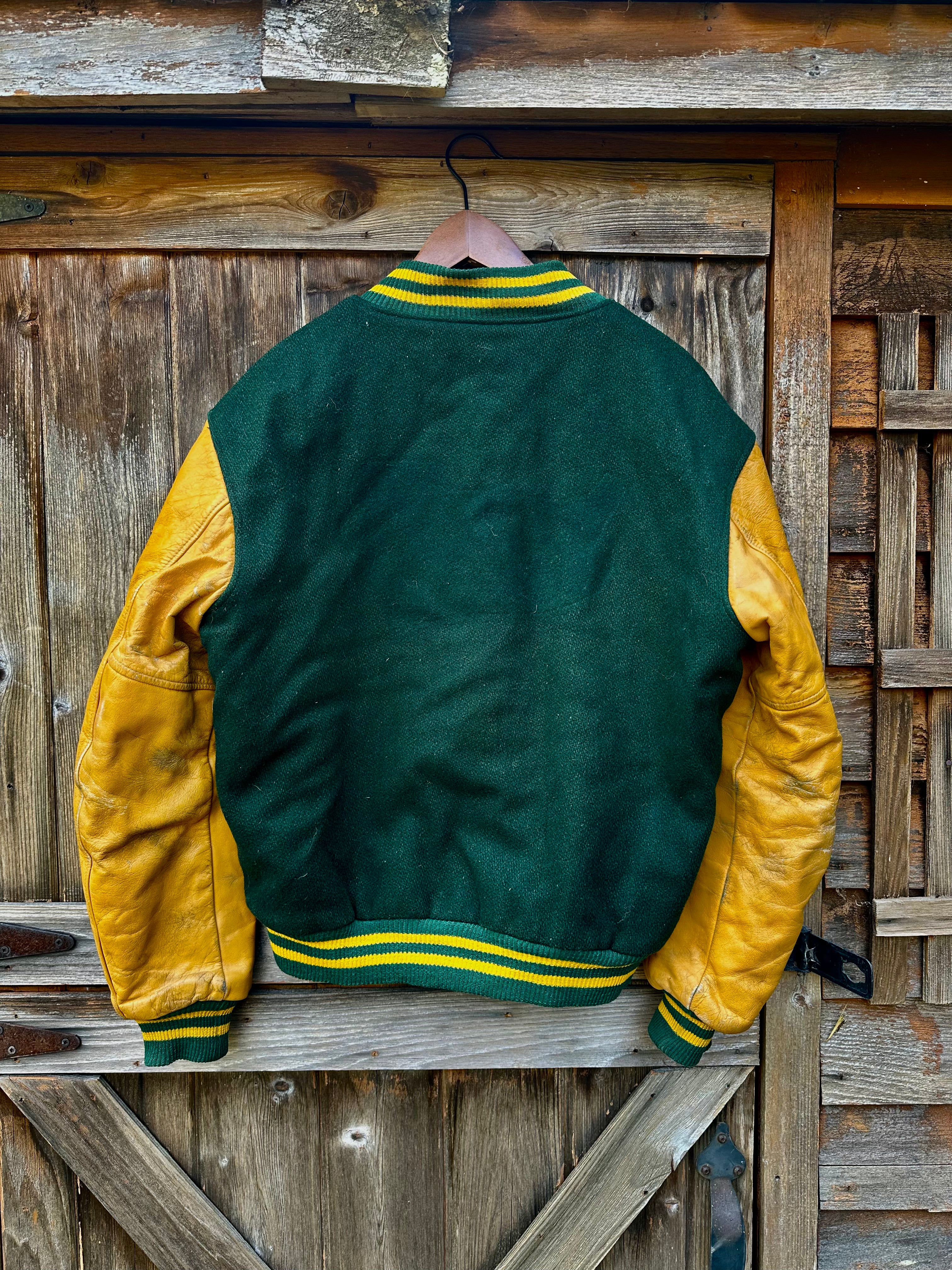 Evergreen/Gold Leather Sleeve Letterman Jacket | Men's M