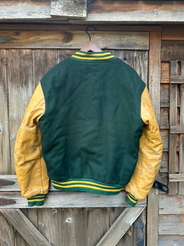 Evergreen/Gold Leather Sleeve Letterman Jacket | Men's M