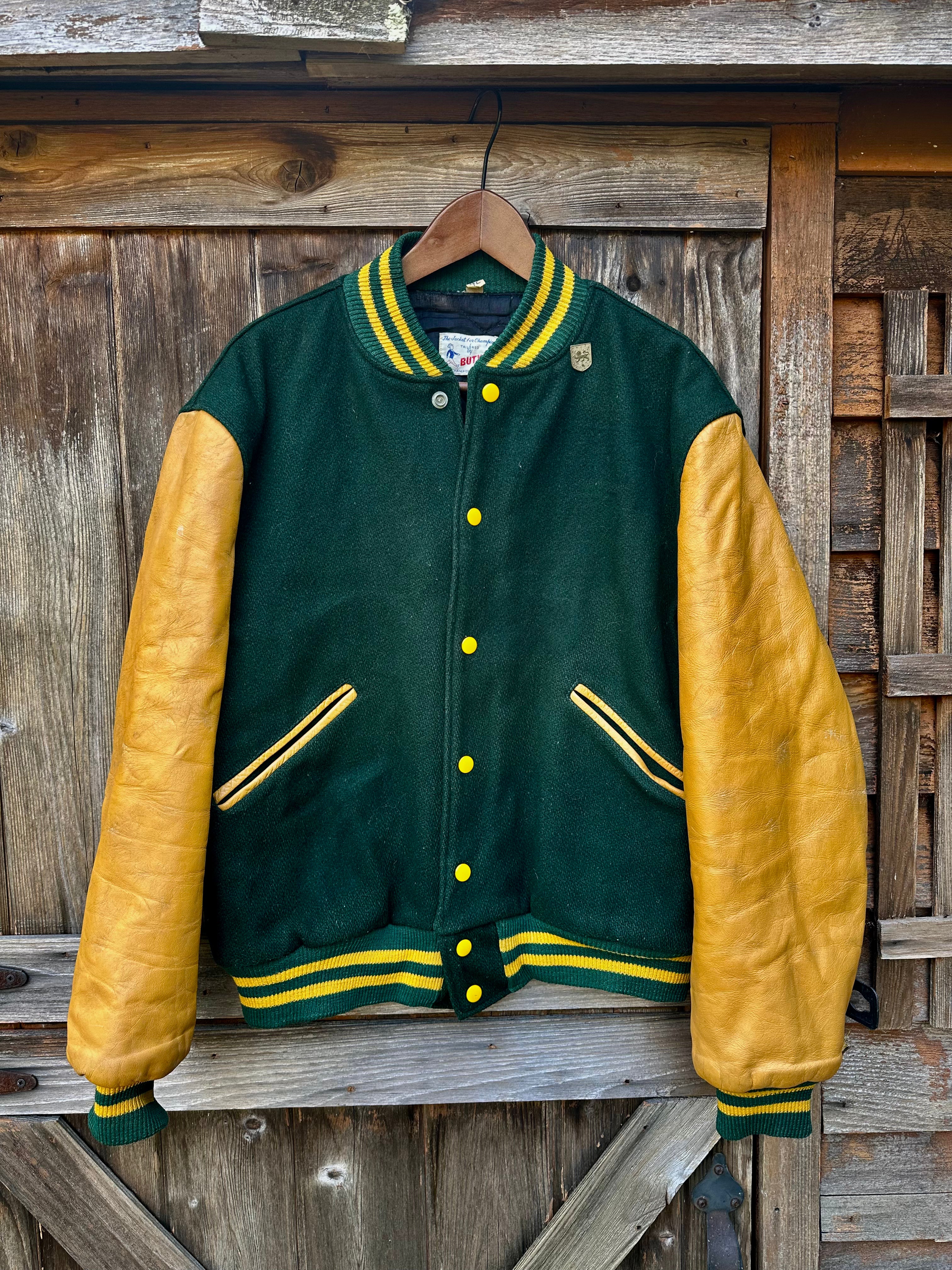 Evergreen/Gold Leather Sleeve Letterman Jacket | Men's M
