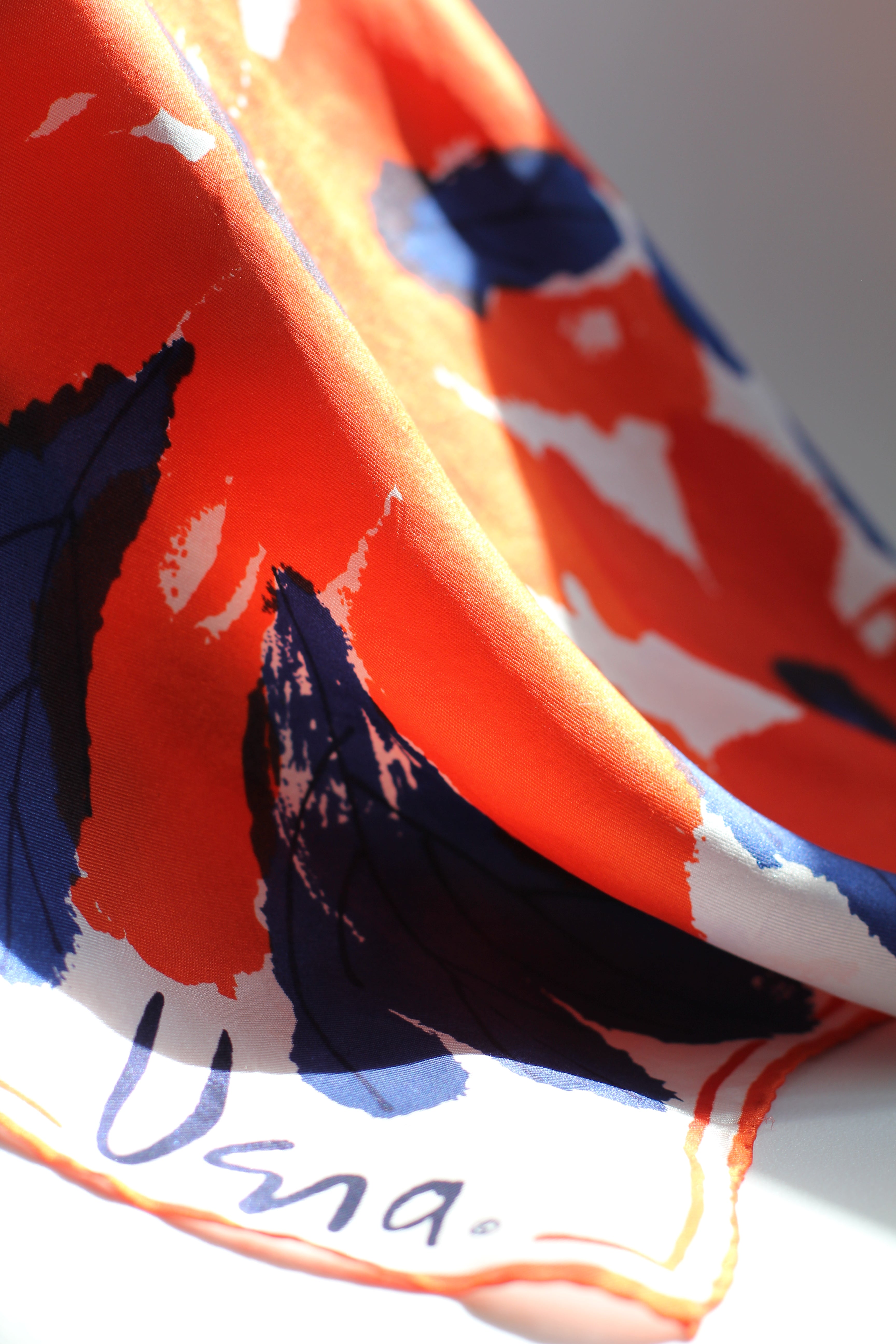 Satin Vera Neumann Rayon/Silk Scarf  Made in Japan| Blue and Orange