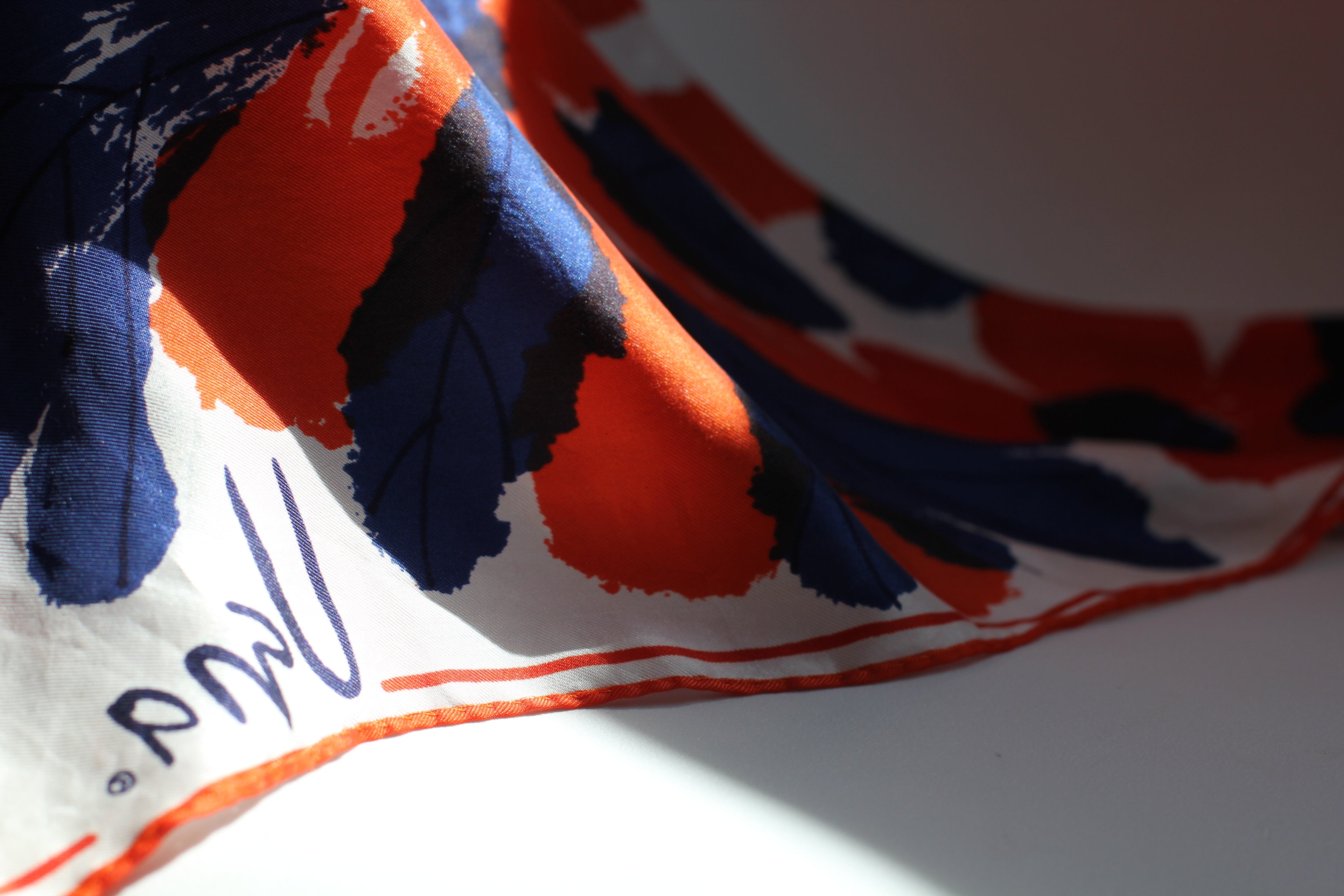 Satin Vera Neumann Rayon/Silk Scarf  Made in Japan| Blue and Orange