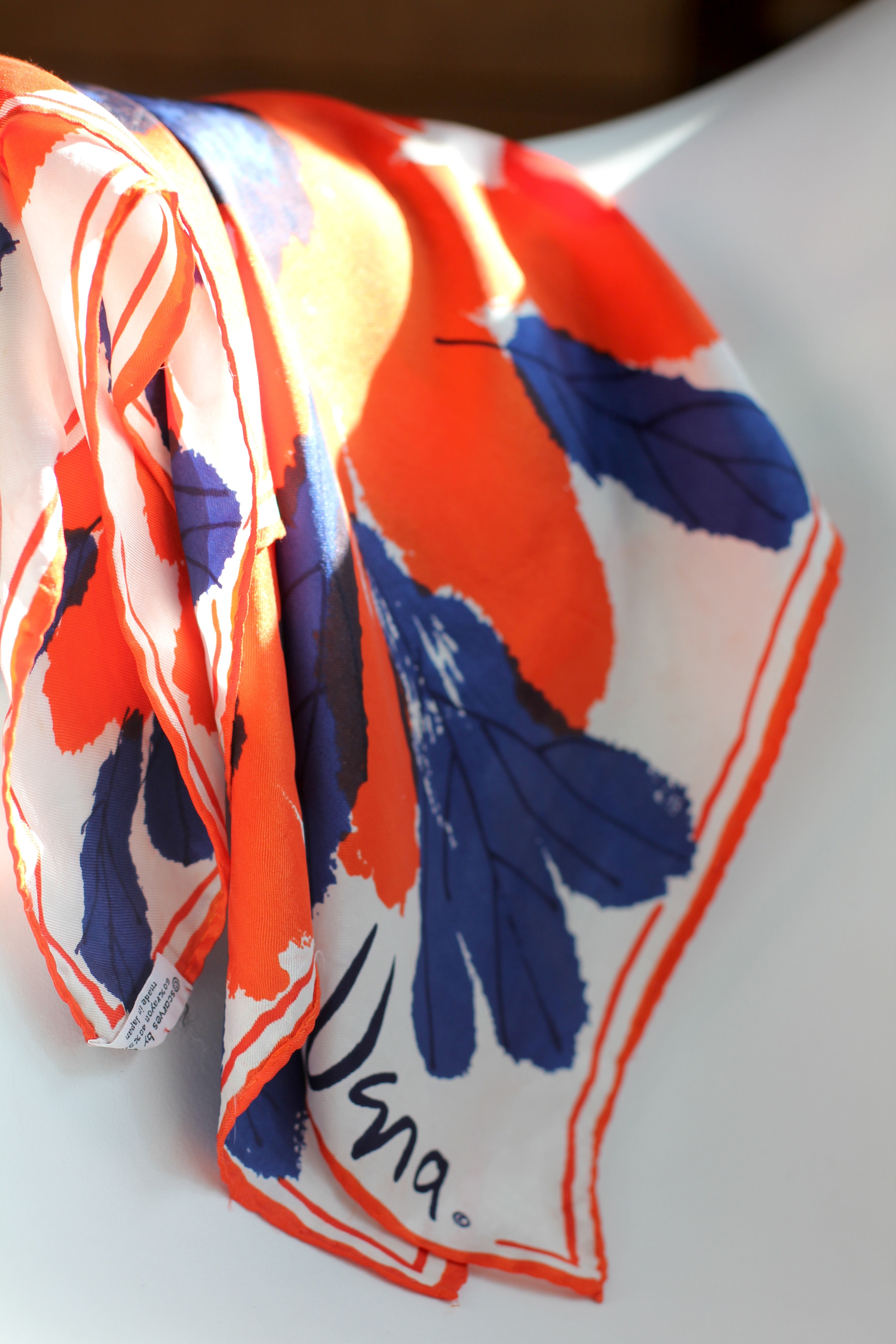 Satin Vera Neumann Rayon/Silk Scarf  Made in Japan| Blue and Orange
