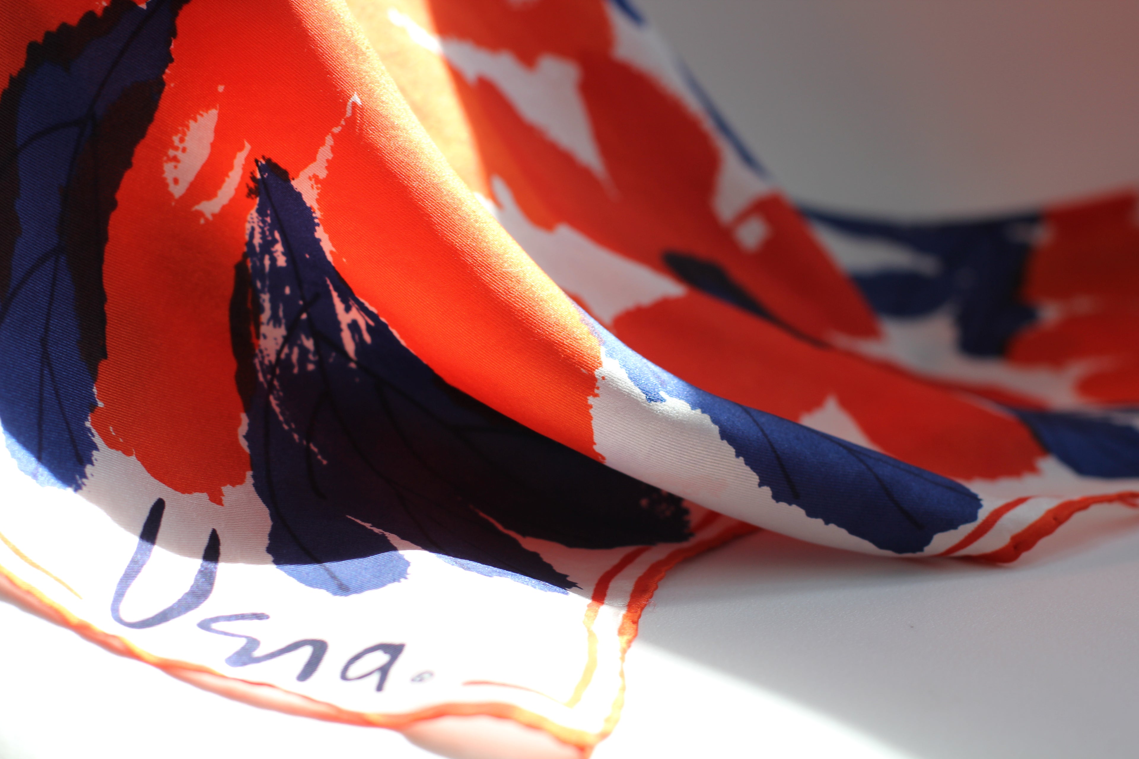 Satin Vera Neumann Rayon/Silk Scarf  Made in Japan| Blue and Orange