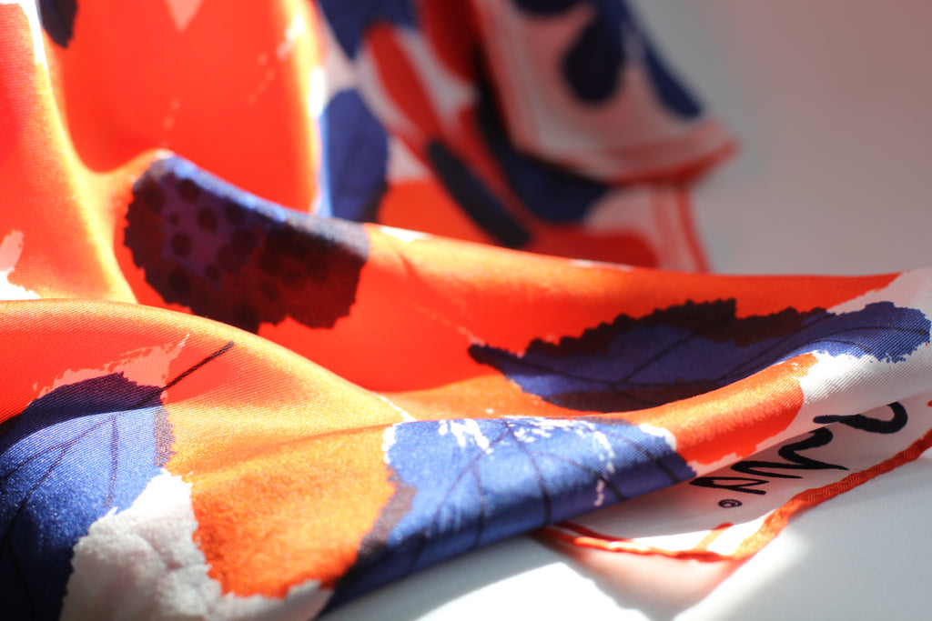 Satin Vera Neumann Rayon/Silk Scarf  Made in Japan| Blue and Orange