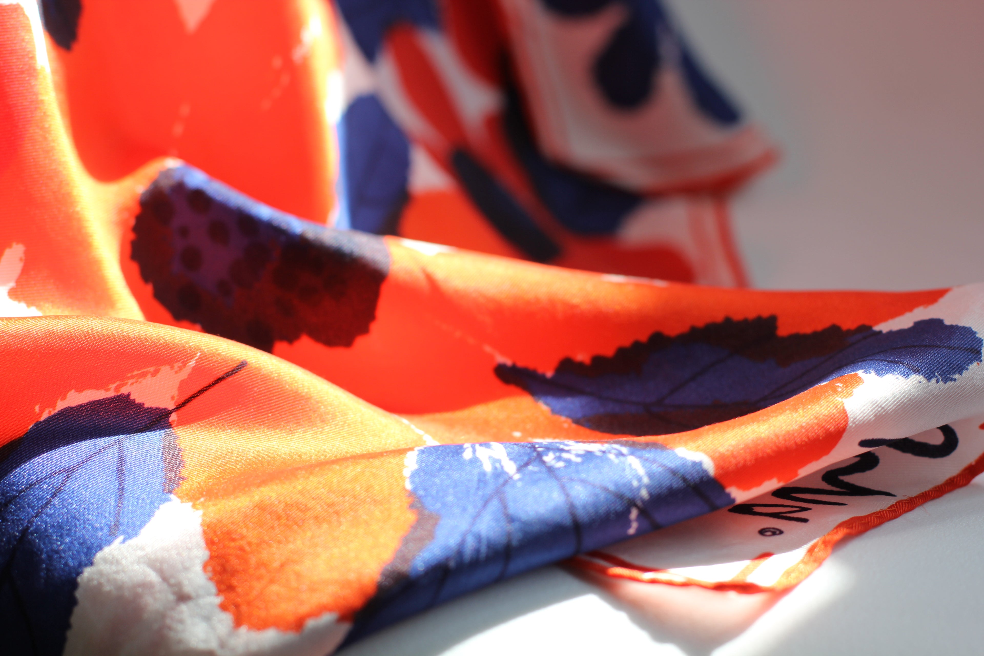Satin Vera Neumann Rayon/Silk Scarf  Made in Japan| Blue and Orange