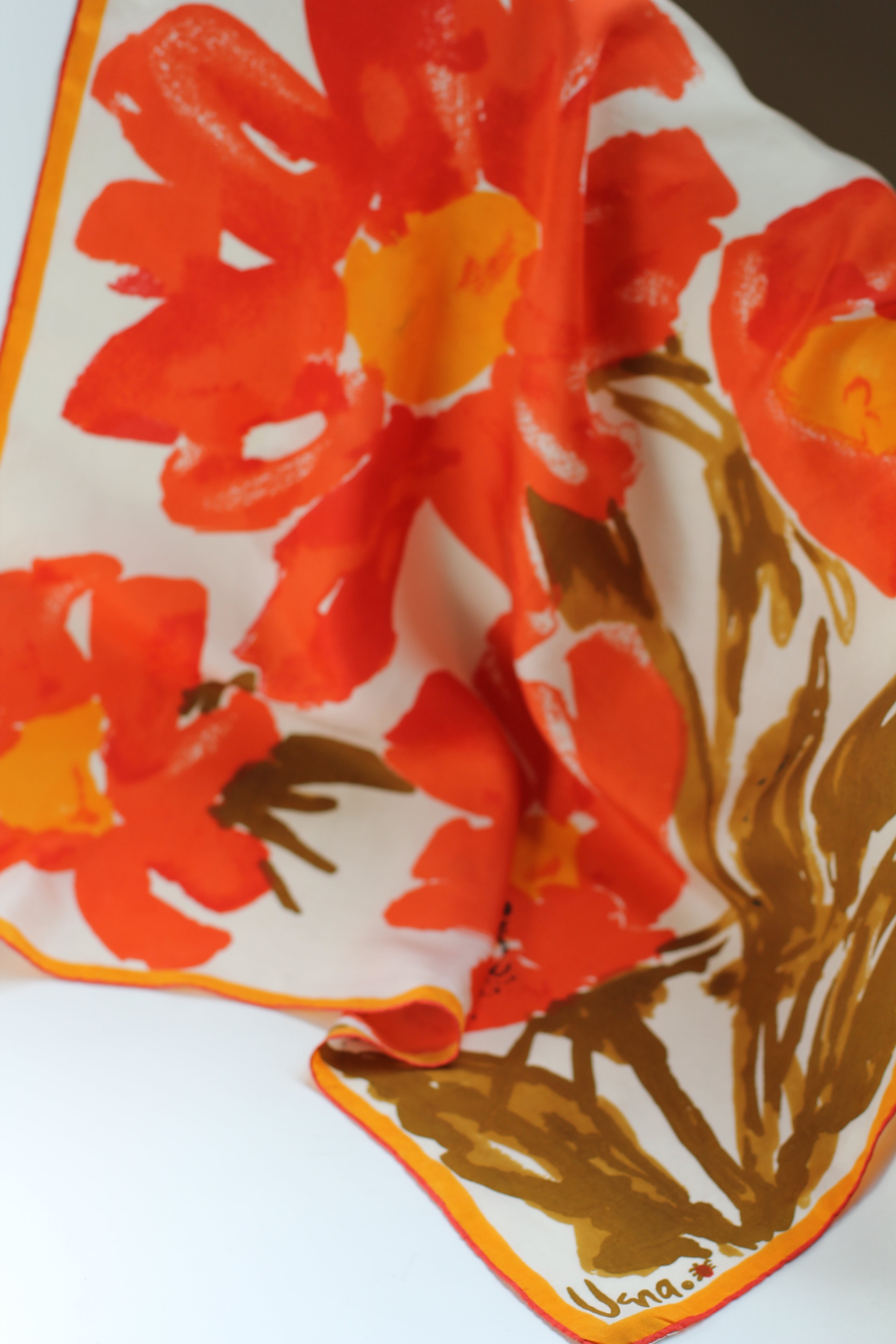 Satin Vera Neumann Silk Scarf | Mustard and Orange Floral