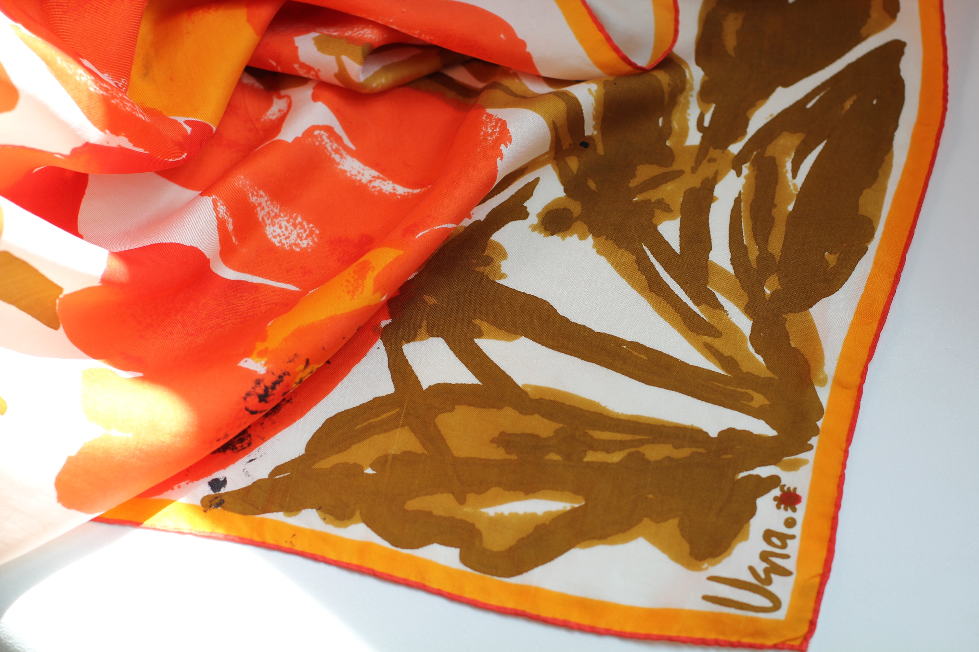 Satin Vera Neumann Silk Scarf | Mustard and Orange Floral
