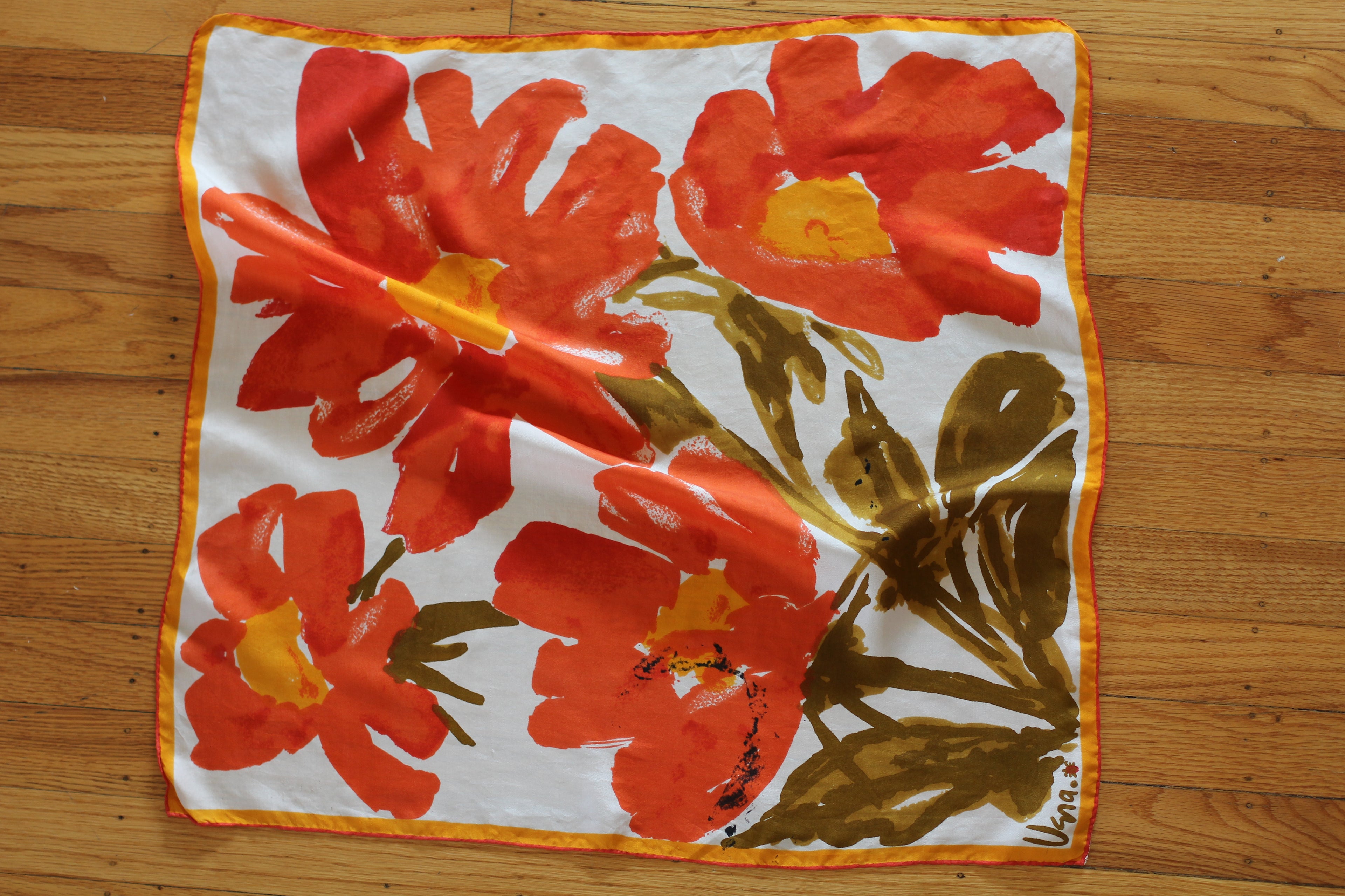 Satin Vera Neumann Silk Scarf | Mustard and Orange Floral
