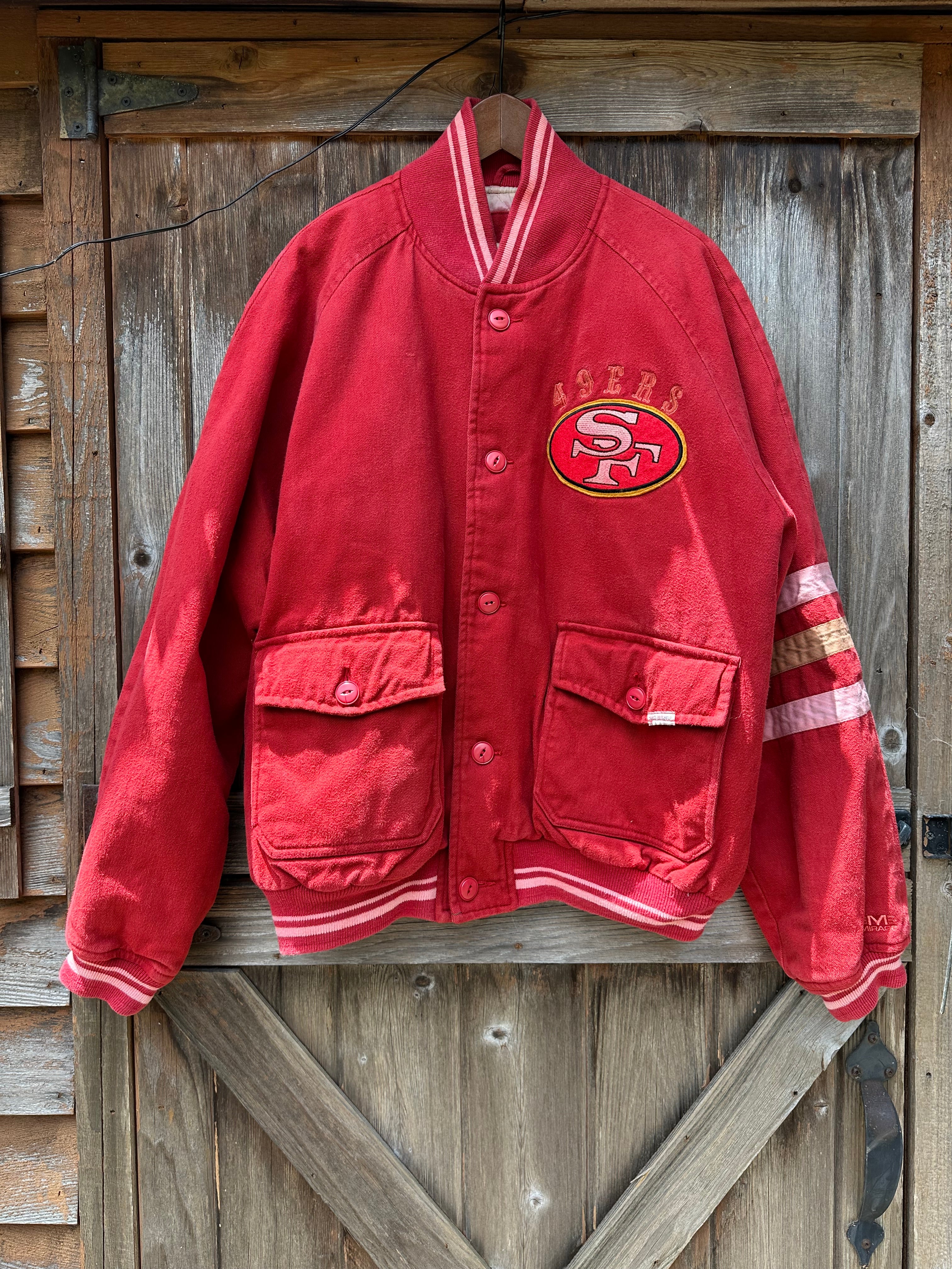 Red and White (1990's) Cotton Letterman Jacket| Men's M