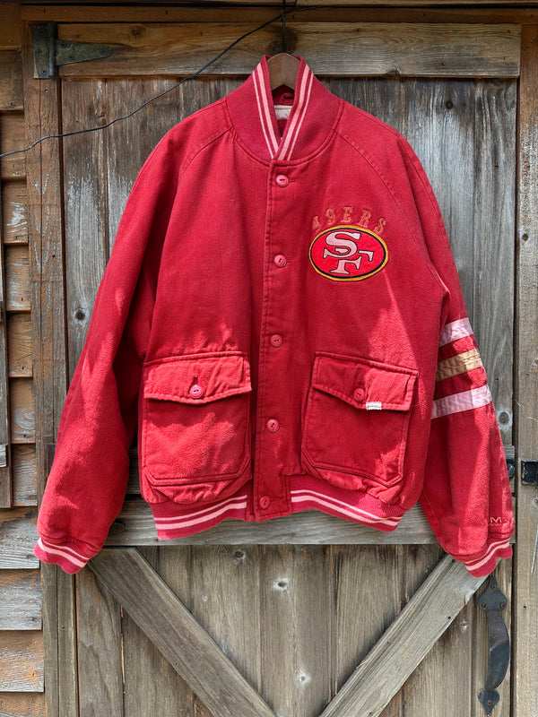 Red and White (1990's) Cotton Letterman Jacket| Men's M