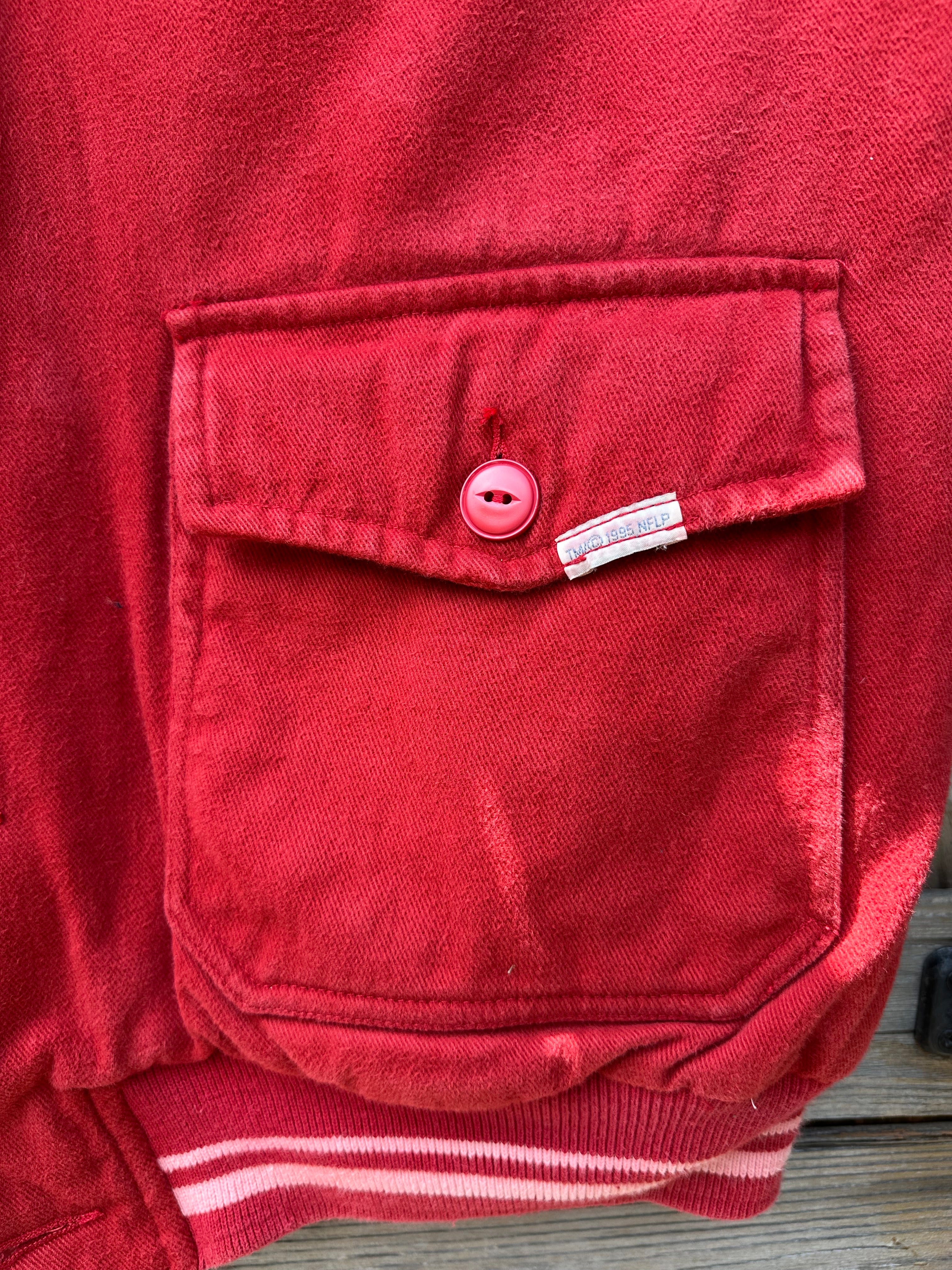 Red and White (1990's) Cotton Letterman Jacket| Men's M