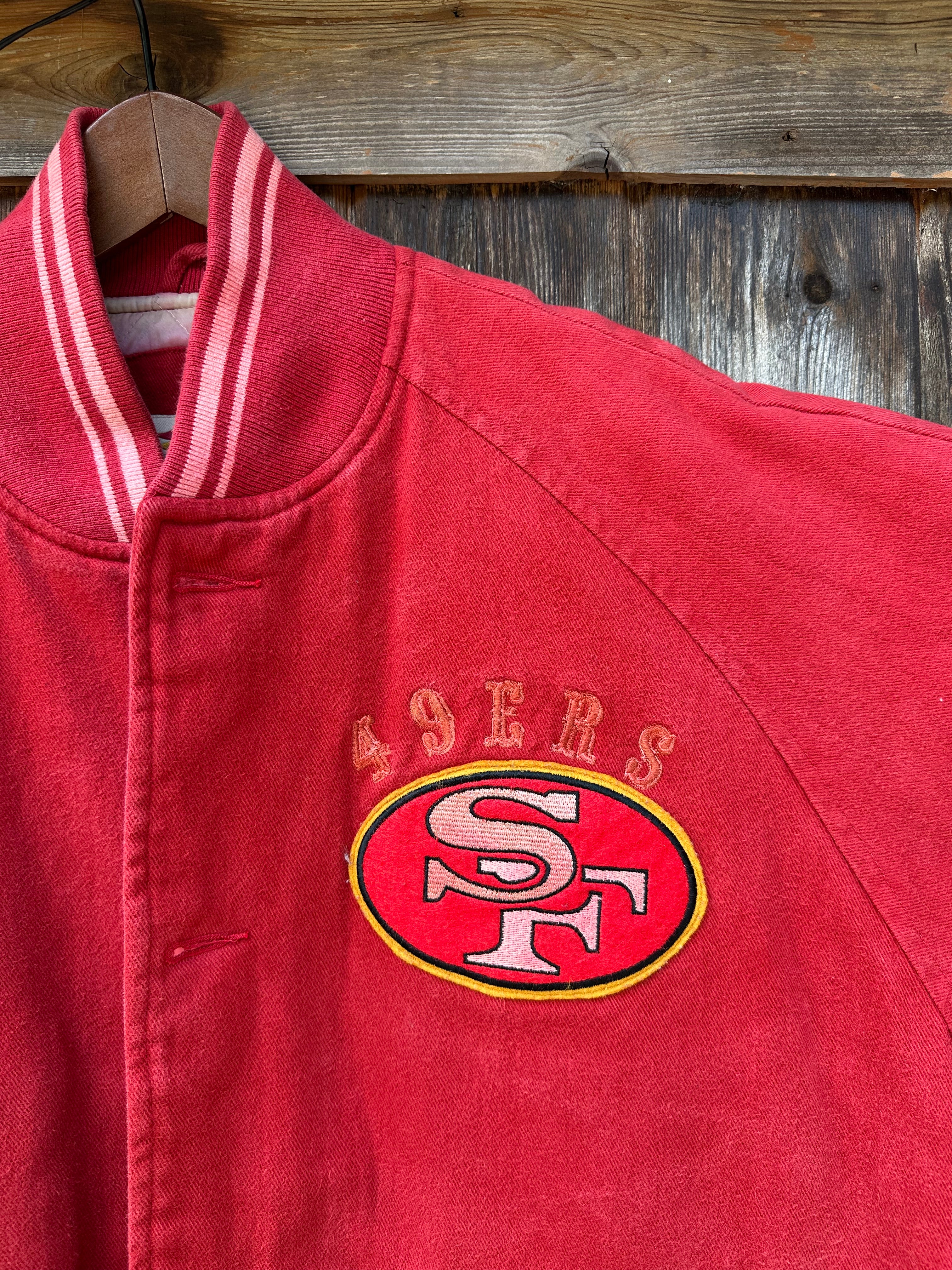 Red and White (1990's) Cotton Letterman Jacket| Men's M