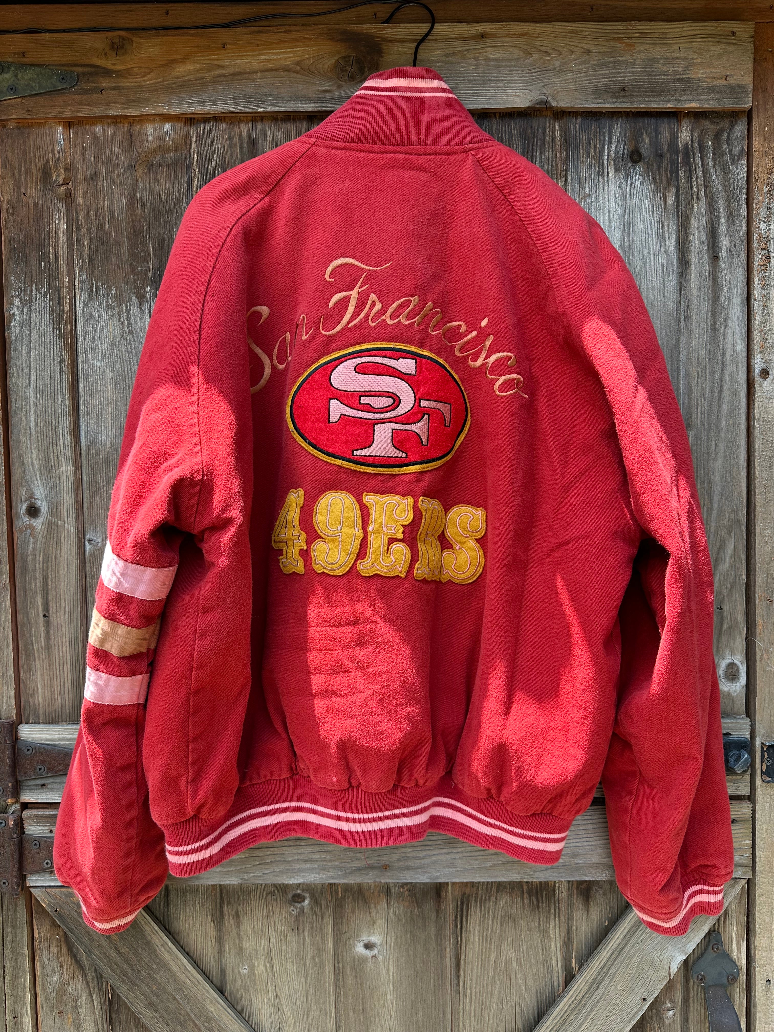 Red and White (1990's) Cotton Letterman Jacket| Men's M