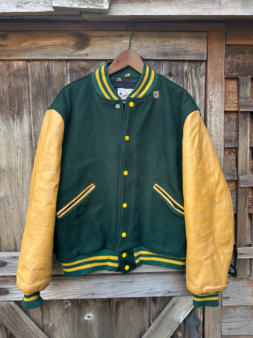 Evergreen/Gold Leather Sleeve Letterman Jacket | Men's M